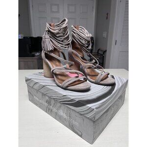 Jeffrey Campbell DESPINA TAUPE SUEDE LEATHER STRAPPY TASSEL ZIP SLINGBACK 6 US